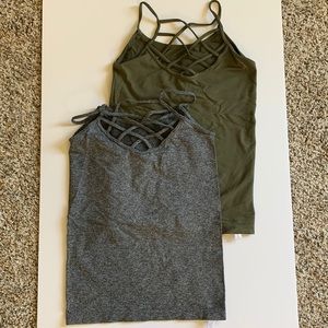 Suzette stretchy strappy tank tops. Olive green & charcoal heather gray. OS